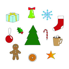 Set of New Year and Christmas, color vector illustration, hand drawing