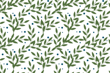 Naklejka na ściany i meble Vector floral seamless pattern in natural farmhouse style with cute simple branches, berries, leaves. Design for textiles, fabric, wallpaper, wrapping paper, homeware, home decor, web design