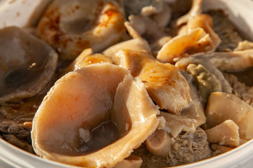 Altai salted mushrooms gruzd - milk mushroom in a plastic bucket at the fair