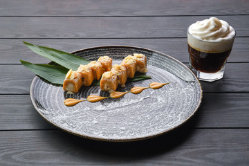 Sherbet with nuts, caramel and peanut flakes