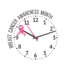 Clock with pink ribbon on clock face. Concept of Breast cancer awareness