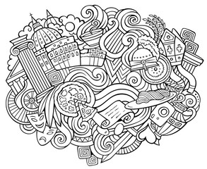 Rome hand drawn cartoon doodles illustration. Funny travel design
