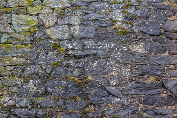 Gray stone wall covered with moss. 