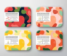 Fotobehang Bath Care Cosmetics Boxes Set. Vector Wrapped Containers Label Cover Collection. Packaging with Hand Drawn Peach, Orange, Tangerine and Pineapple. Abstract Camo Background Pattern Layout. © createvil