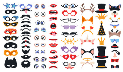 Party Photo booth props set. Photobooth elements collection. Constructor with face masks and glasses, vintage party hats and birthday costume bunny ears isolated on white background