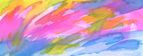 Fototapeta na wymiar Abstract watercolor smear blot painting. Color long horizontal texture background.