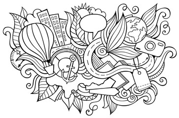 Traveling hand drawn cartoon doodles illustration. Funny travel design