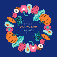 Fresh vegetables in circle, greeting card frame, template for posters, placards and banners with text. Hand drawn vector illustration in modern flat style, isolated on dark blue background.