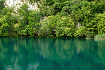 Fototapeta na wymiar Reflection of rock and trees in the green Plitvice Lake