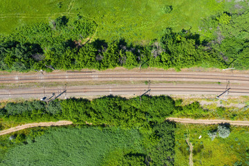 Fototapeta na wymiar Railway track through countryside. Aerial view.