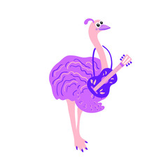 Vector drawing of a pink ostrich playing a handmade instrument on a white isolated background. African ostrich flat, cartoon. Postcard design, children's, fun, printing on fabric, covers