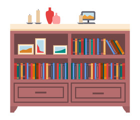 Bookcase with books and vases in room interior. Home library with literature illustration. Furniture and equipment for workplace. Cabinet with drawers and decorative elements, candles, photo frames
