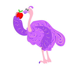 Vector drawing of a pink ostrich with a red handmade apple on a white isolated background. African ostrich flat, cartoon. Postcard design, children's, fun, printing on fabric, covers