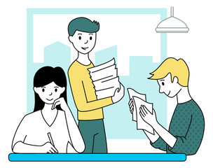 Working with papers in the office. Teamwork concept. Cartoon style. Vector illustration.