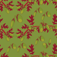 Green acorns and oak leafs repeat pattern print background design