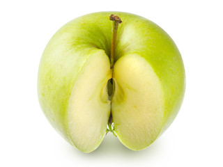 Fresh green ripe piece of apple with stem isolated on a white background. Design element for product label, catalog print, web use.