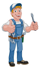 Electrician handyman man handy holding electricians screwdriver tool cartoon construction mascot. Giving a thumbs up.