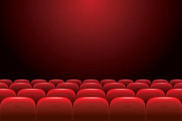 Empty movie theater auditorium with red seats on a dark background. Cinema hall interior vector illustration. Interior auditorium hall theater and cinema - obrazy, fototapety, plakaty