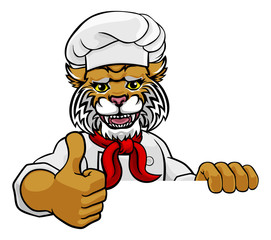A wildcat chef mascot cartoon character peeking round a sign and giving a thumbs up