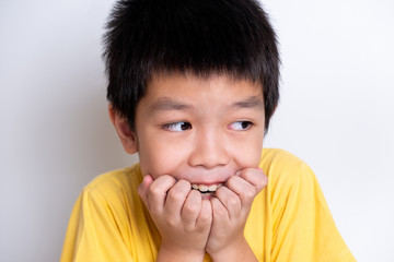 positive emotion of children, happiness, smiling, laughing, enjoy on white background. lovely relationship of brother and sister. portrait of children's feeling