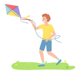 Smiling happy boy in the park playing with a colorful kite flying in the air in the wind. Child running on the playground holding thread in hand on white background. Kids summer outdoor activities