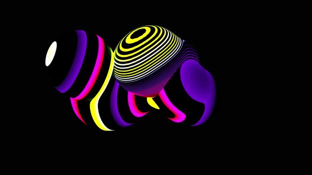3d render with abstract art surreal alien substance based on deformed balls or spheres with parallel black lines pattern with purple yellow and green gradient neon light parts on black background
