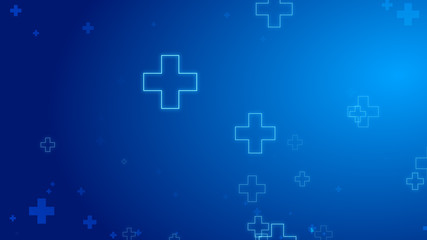 Medical health blue cross neon light shapes pattern healthcare technology background.