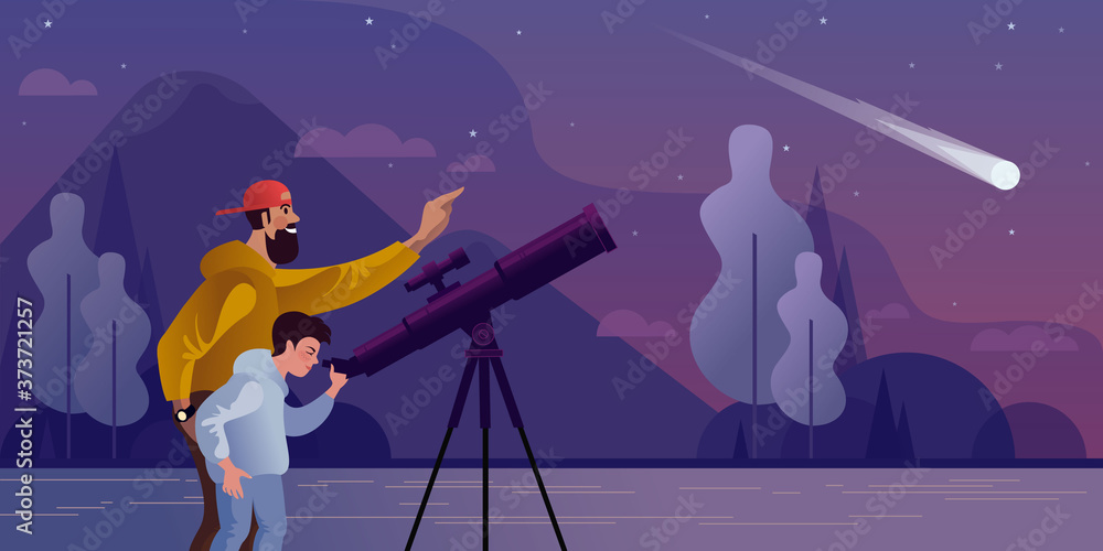 Wall mural dad and son watch a comet fall through a telescope. flat vector illustration.