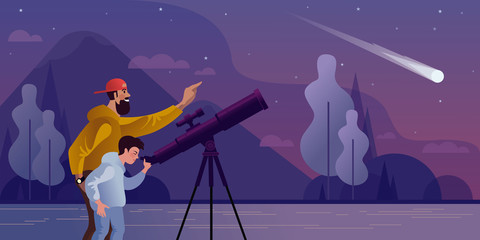 Dad and son watch a comet fall through a telescope. Flat vector illustration. © PayPau