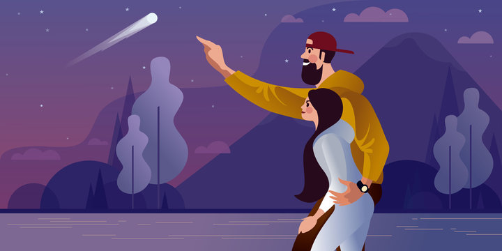 Couple lovers watch a comet on a starry night. Flat vector illustration.