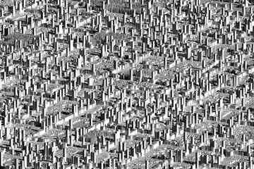 3d render of abstract art of scatter 3d landscape cityscape background with surreal urban city or part of down town with skyscrapers based on small and big white cubes balls and tubes particles 