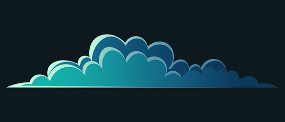 Low bush with a lush crown dark blue color in night time lighting silhouette on black background. Vector illustration of big plant with foliage cloud shape, landscape element in cartoon concept