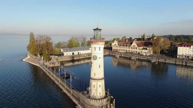 Lighthouse at Lindau harbour on the lake Constance (Bodensee), drone shot.