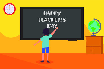 Teacher's Day vector concept: back view of student writing Happy Teacher's Day celebration on chalkboard