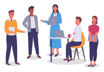 Naklejka premium Office worker characters meeting concept. Businessman siting at the desk with computer talking to colleagues . Business people talking communicating. Discuss project, participate in business training