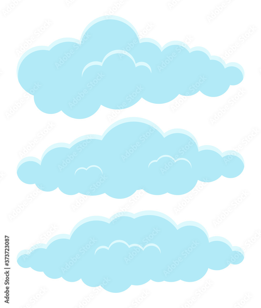 Poster cartoon blue clouds set on white background. collection of smoke patterns and fog icons. clouds with