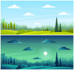 Fototapeta na wymiar Day and night countryside landscape illustration with moon, grass on the hills, clear sky, rare clouds, pine forest on the horizon. Tall trees and bushes in the foreground, beautiful summer scenery
