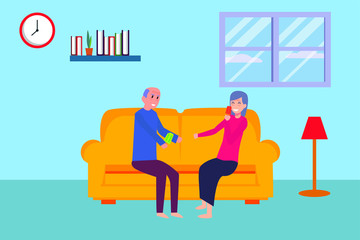 Happy elderly couple vector concept: old couple eating Popsicle  with joy in the living room