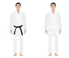 Man in karate suit. black and white belt. vector illustration