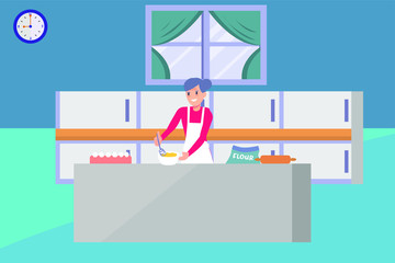 Grandma's cooking vector concept: old woman mixing the cake dough with joy