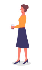 Smiling businesswoman dressed in skirt and blouse standing at full height with a cup of coffee in hand during the break. Businessperson female character in formal clothes office worker or employee