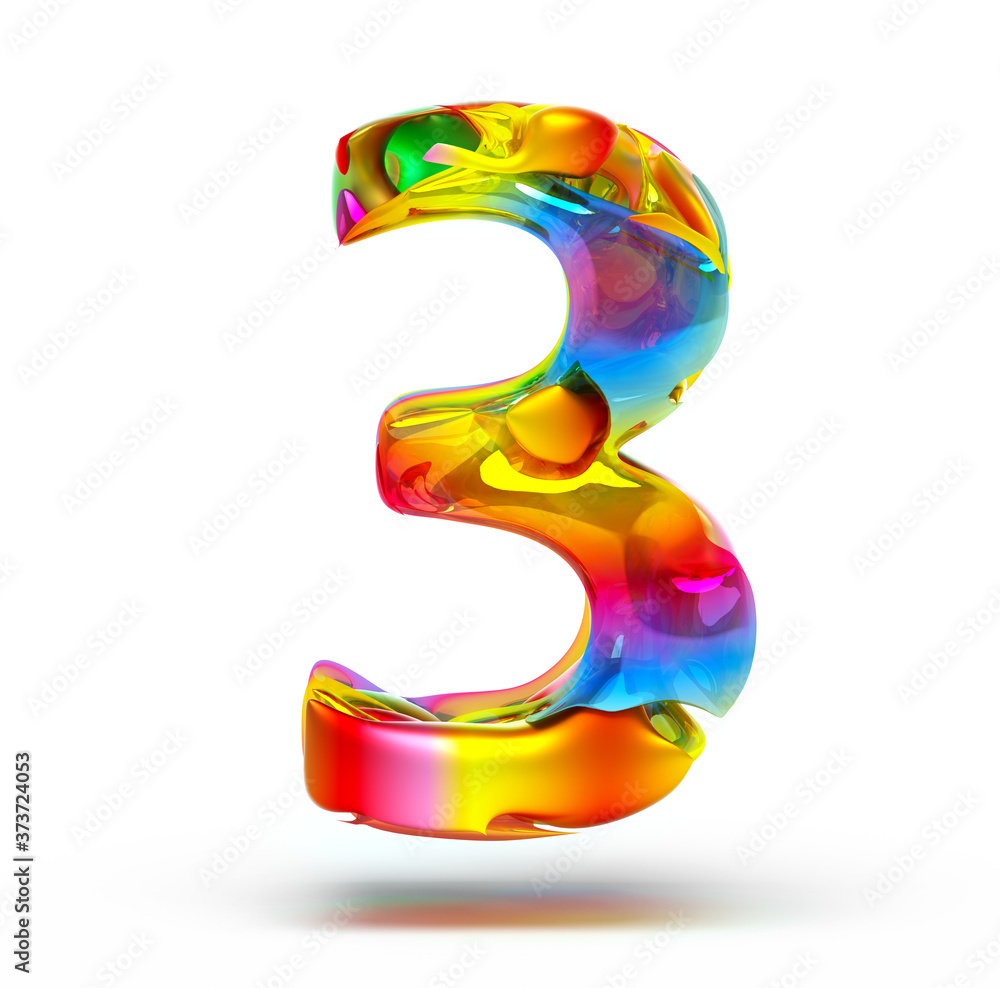 Aufkleber 3d render of abstract art of surreal 3d number three 3 in organic curve round wavy shape in matte pl