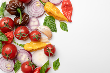 Flat lay design of vegetable, herb and spice on white background.