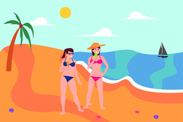 Obraz na płótnie Canvas Beach vacation vector concept: women wearing bikinis while eating Popsicle happily at the beach