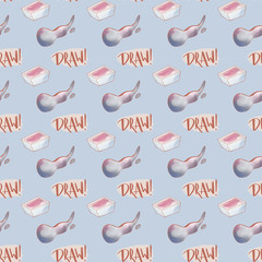 Cute kawaii seamless pattern square space tubes of paint on blue background. Textured watercolor digital art. Print for wrapping paper, fabric, stationery, sticker, cover, wallpaper