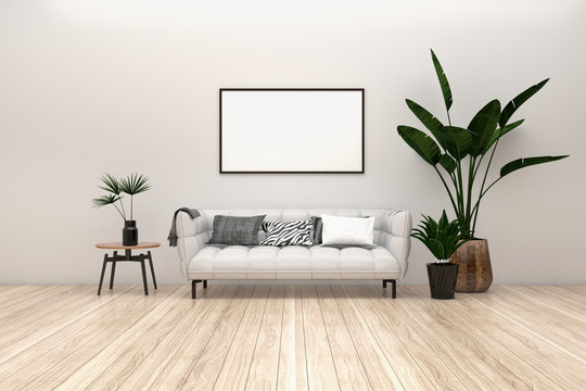 Modern interior poster mockup with horizontal black frame, light grey sofa on wooden floor,  modern side table and green plants in living room with white wall. 3d illustrations