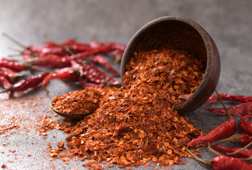 Cayenne pepper (Ground chili) and dried chili on a black background,For cooking,copy space..