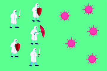 Coronavirus fight vector concept: march of scientist wearing hazmat suit while preparing to fight the coronavirus with sword and shield