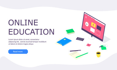 Isometric online education study web template computer learn and book library flat design vector illustration