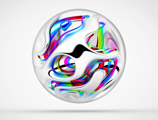 3d render of abstract art of 3d glass ball with surreal organic object inside in wavy curve shape in silver metal material with color lines parts in purple blue and green gradient color on white back
